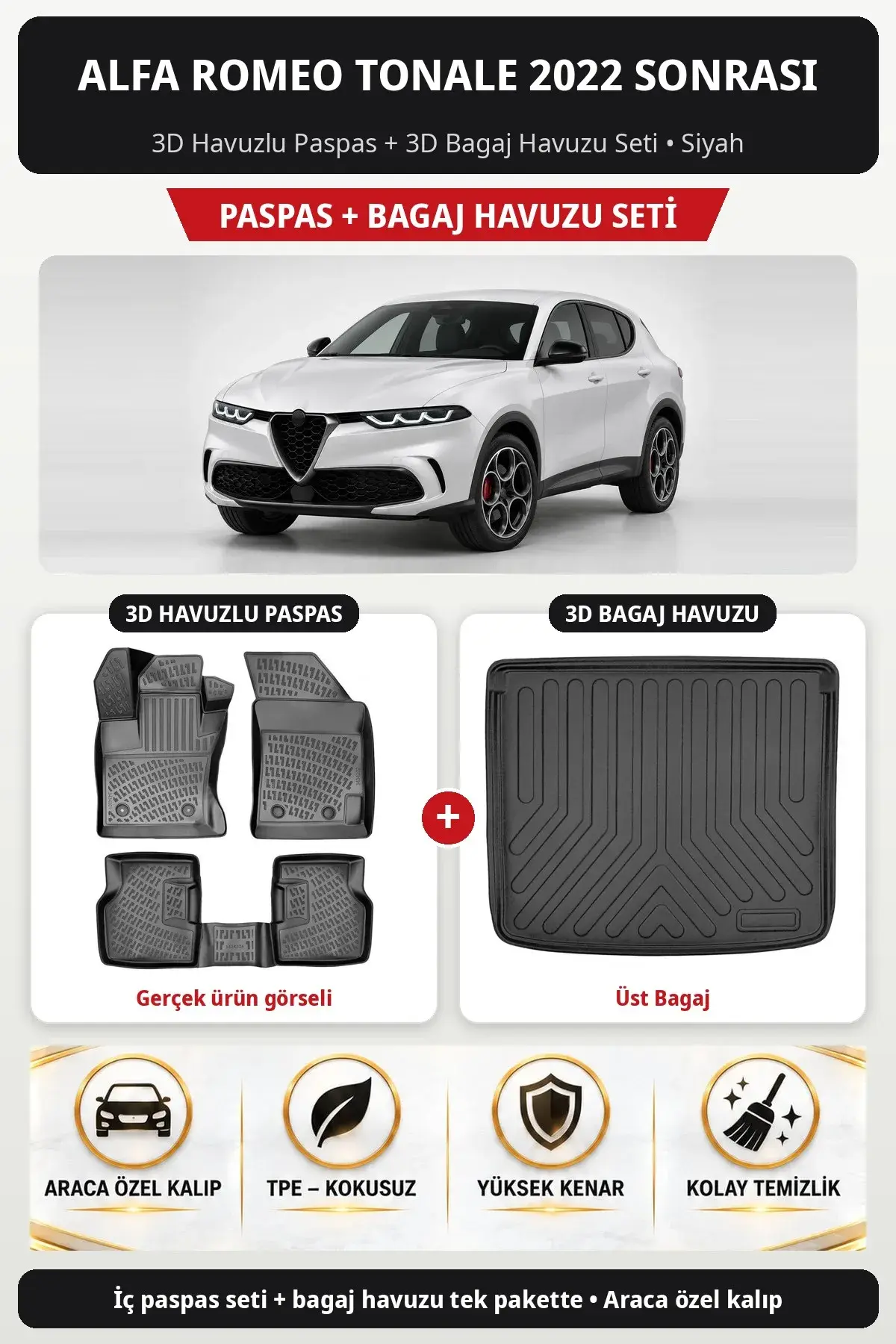 Alfa Romeo Tonale 2022 Sonrası 3D Havuzlu Paspas + 3D Bagaj Havuzu Seti (Üst Bagaj) Siyah (1)