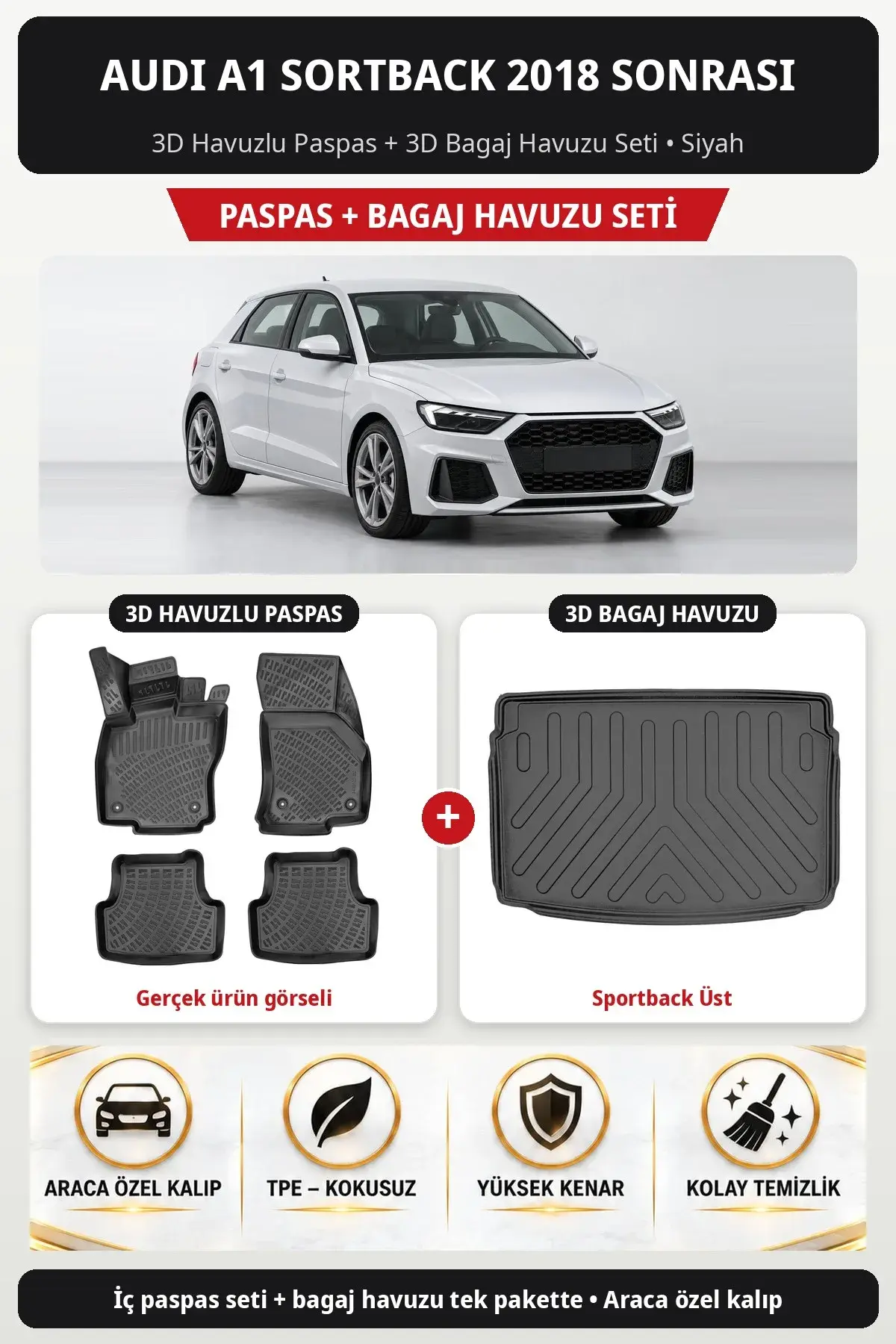 Audi A1 Sortback 2018 Sonrasi 3D Havuzlu Paspas + 3D Bagaj Havuzu Seti (Sportback Üst) Siyah (1)