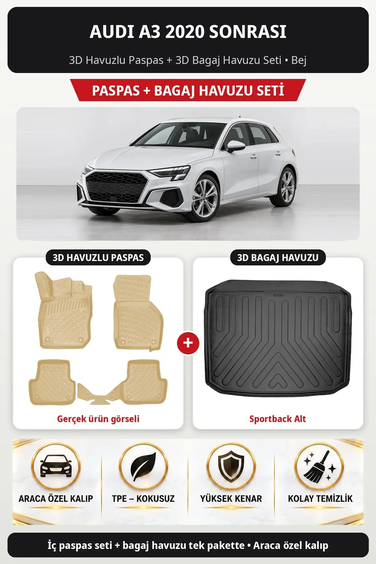 Audi A3 2020 Sonrası 3D Havuzlu Paspas + 3D Bagaj Havuzu Seti (Sportback Alt) Bej (1)