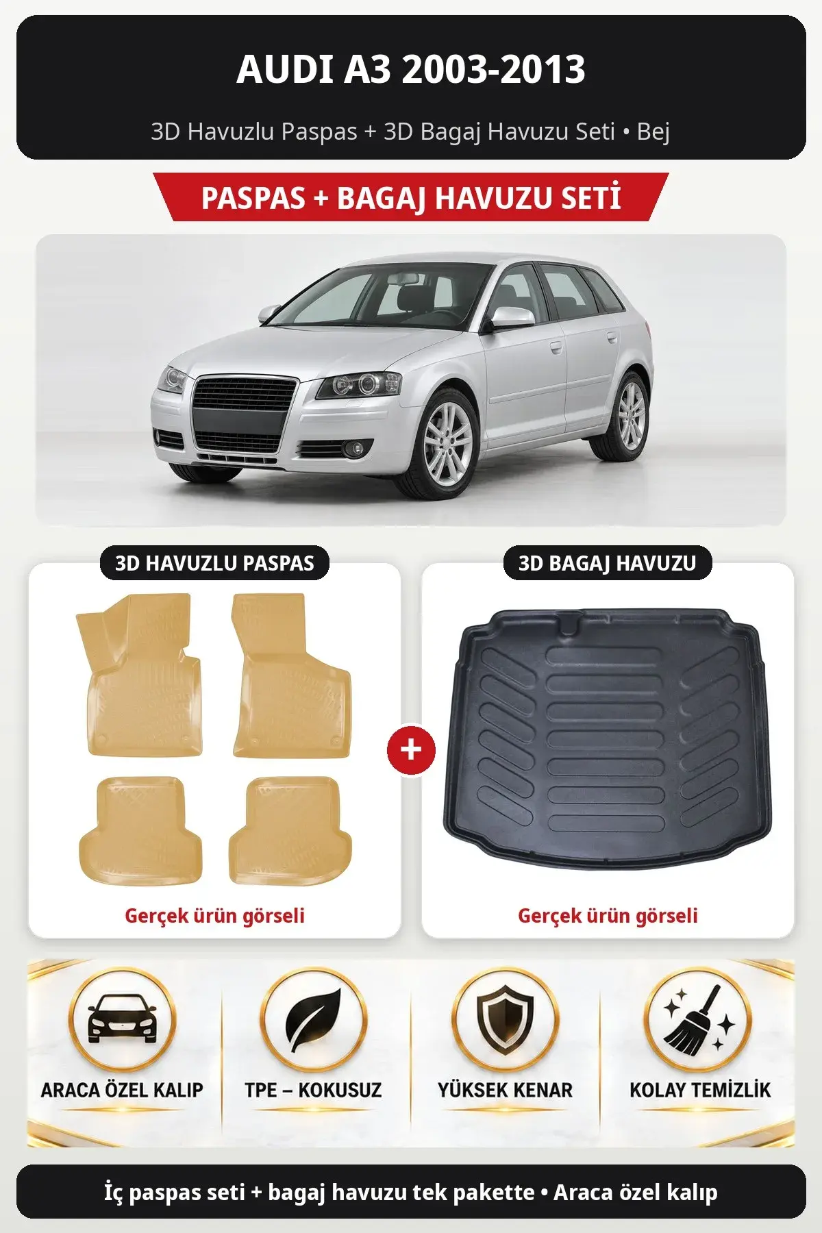 Audi A3 2003-2013 3D Havuzlu Paspas + 3D Bagaj Havuzu Seti Bej (1)