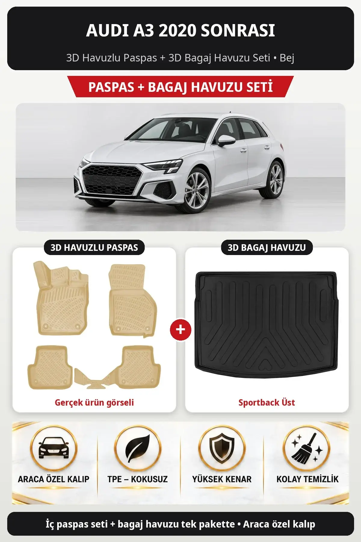 Audi A3 2020 Sonrası 3D Havuzlu Paspas + 3D Bagaj Havuzu Seti (Sportback Üst) Bej (1)