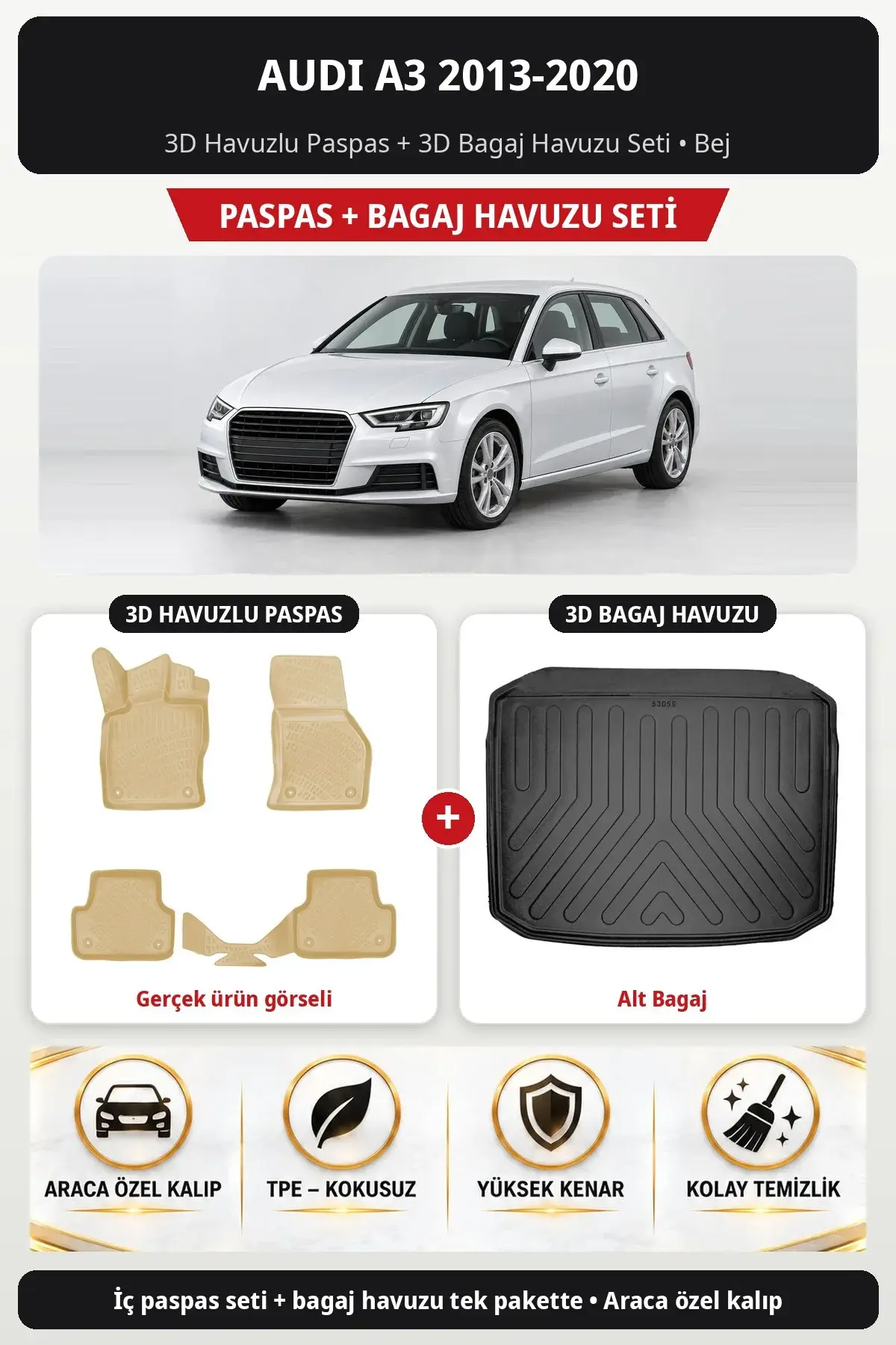 Audi A3 2013-2020 3D Havuzlu Paspas + 3D Bagaj Havuzu Seti (Alt Bagaj) Bej (1)
