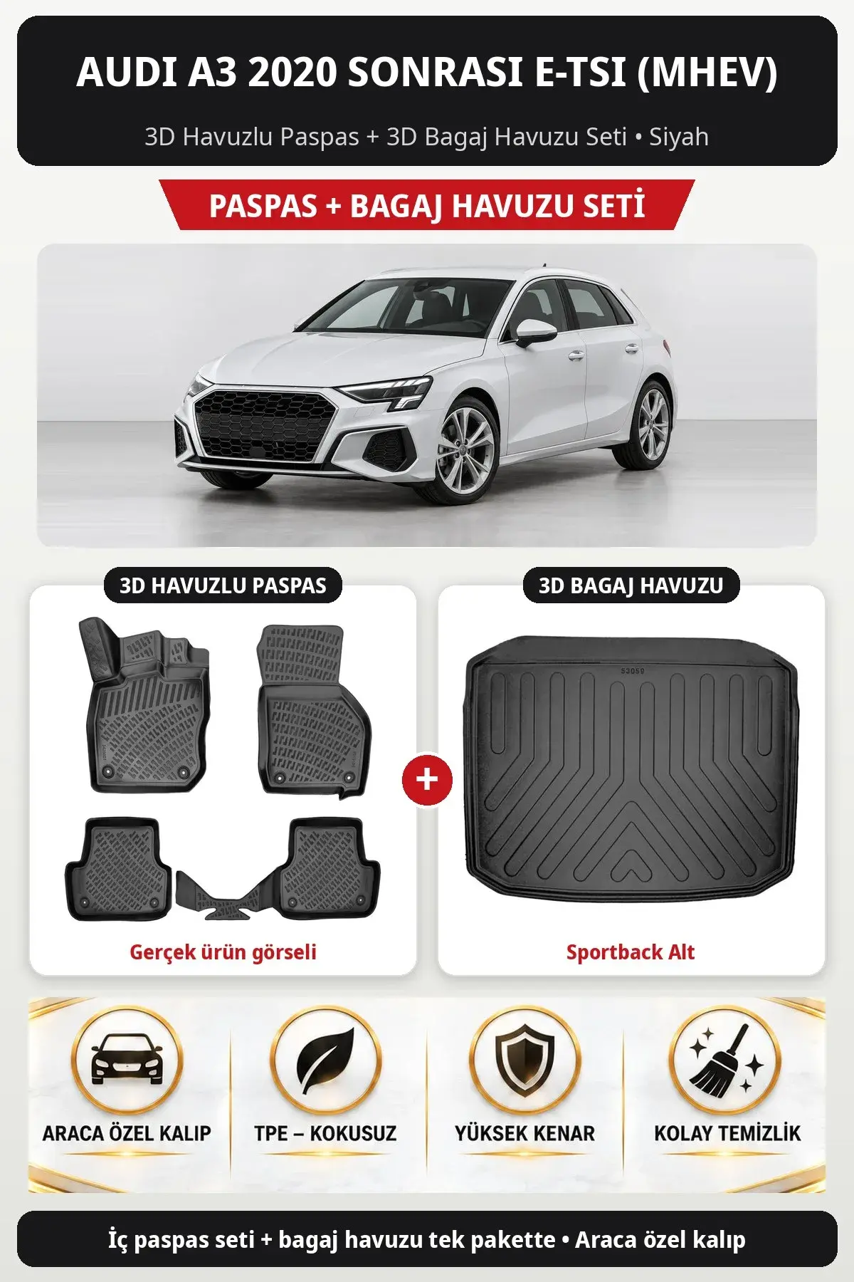 Audi A3 2020 Sonrası e-Tsi (Mhev) 3D Havuzlu Paspas + 3D Bagaj Havuzu Seti (Sportback Alt) Siyah (1)