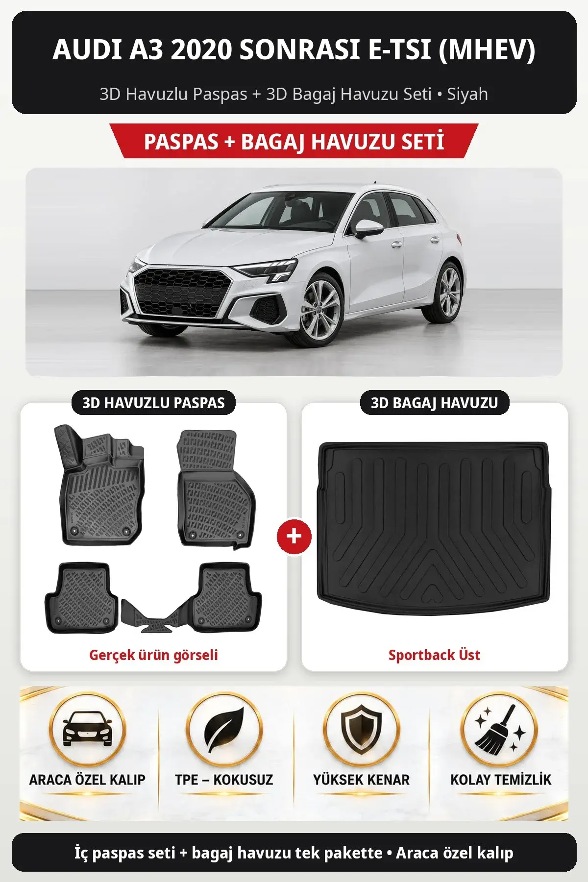 Audi A3 2020 Sonrası e-Tsi (Mhev) 3D Havuzlu Paspas + 3D Bagaj Havuzu Seti (Sportback Üst) Siyah (1)