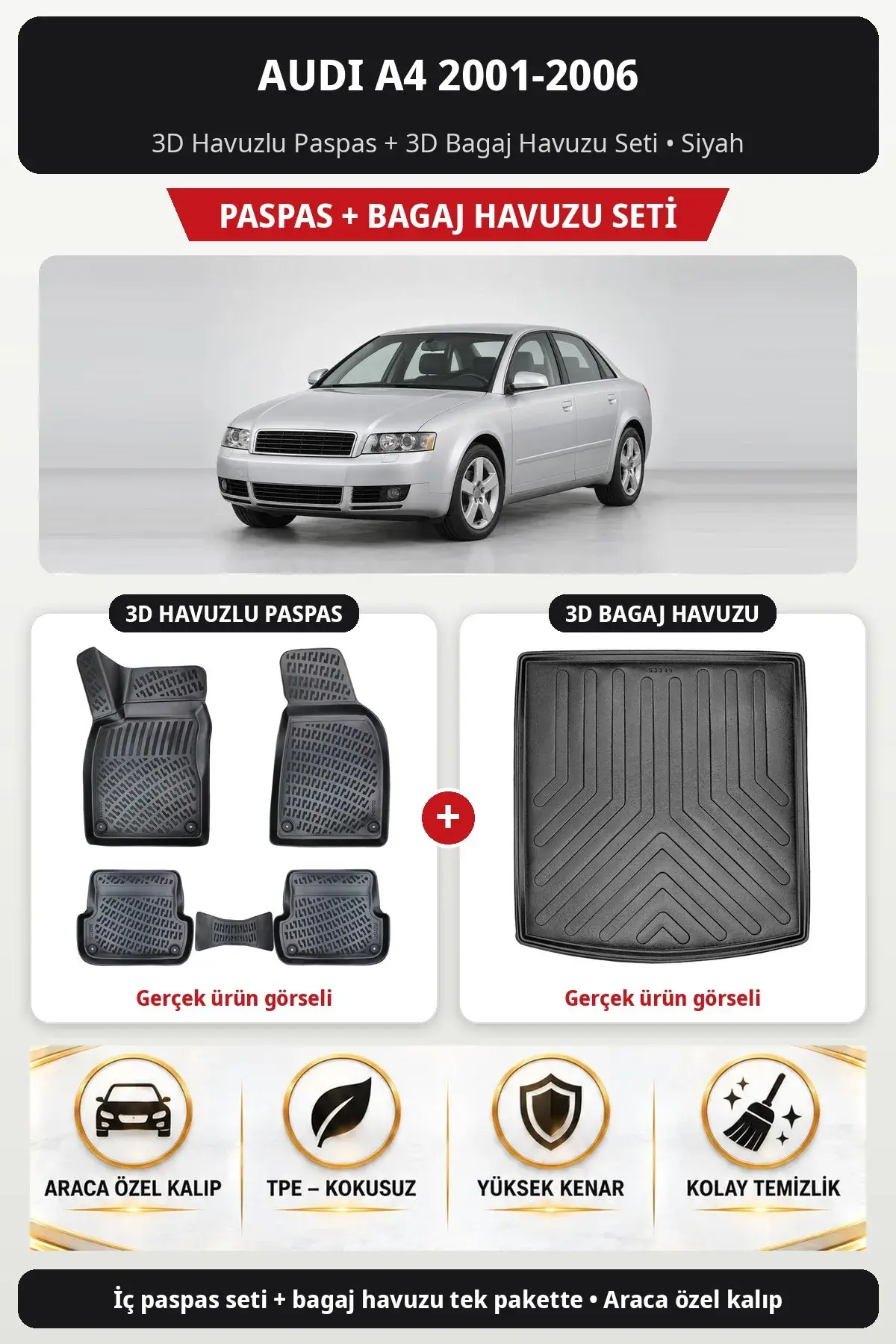 Audi A4 2001-2006 3D Havuzlu Paspas + 3D Bagaj Havuzu Seti Siyah (1)