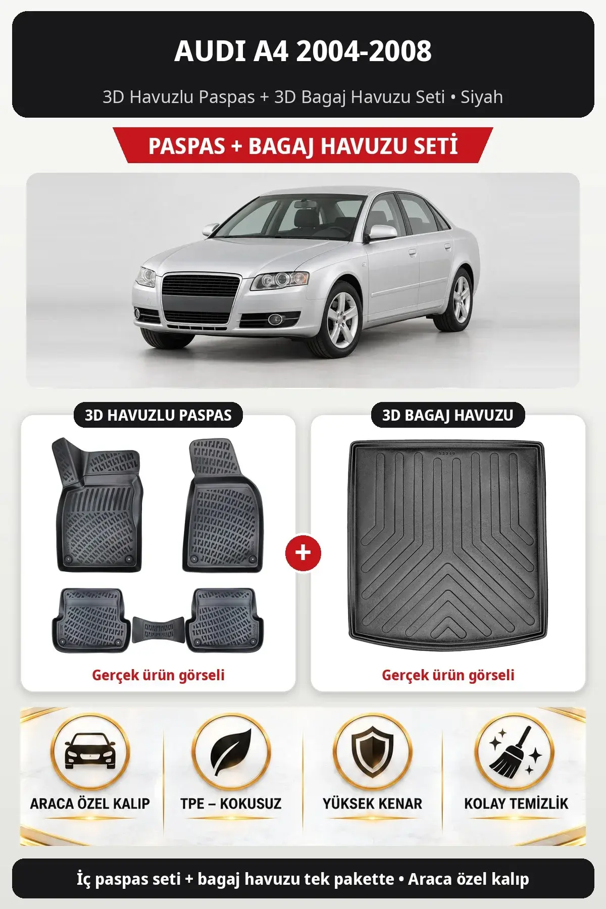 Audi A4 2004-2008 3D Havuzlu Paspas + 3D Bagaj Havuzu Seti Siyah (1)