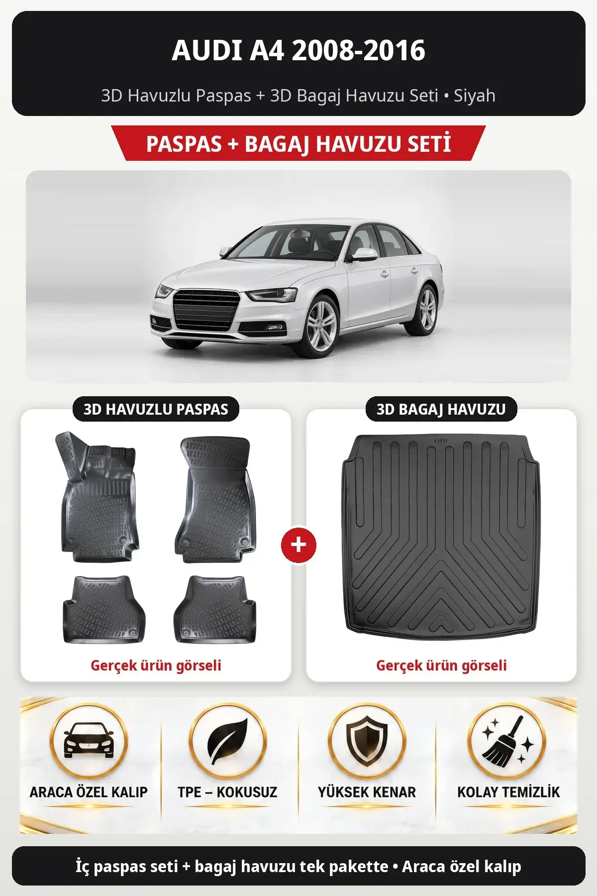 Audi A4 2008-2016 3D Havuzlu Paspas + 3D Bagaj Havuzu Seti Siyah (1)