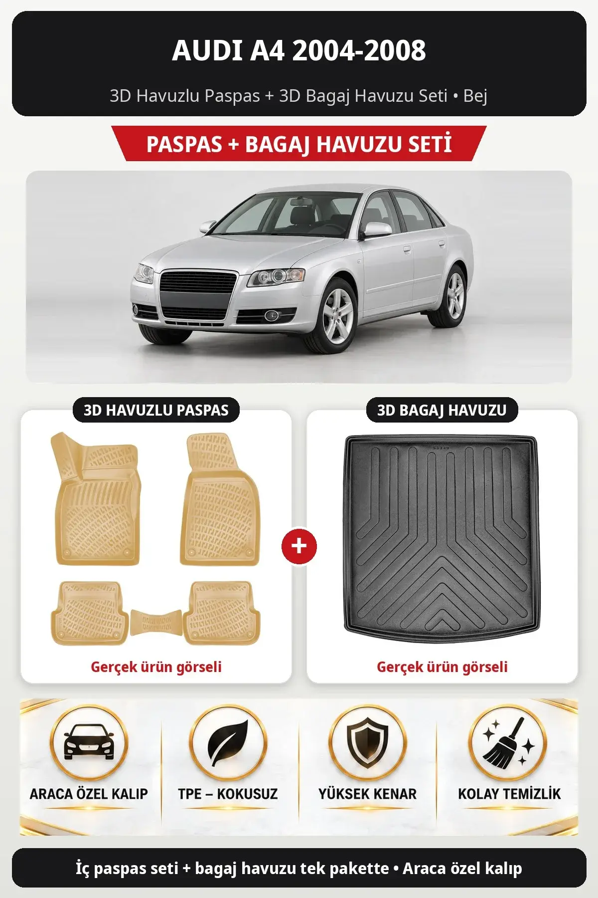 Audi A4 2004-2008 3D Havuzlu Paspas + 3D Bagaj Havuzu Seti Bej (1)