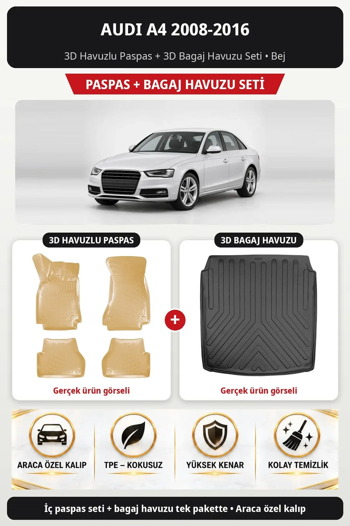 Audi A4 2008-2016 3D Havuzlu Paspas + 3D Bagaj Havuzu Seti Bej (1)