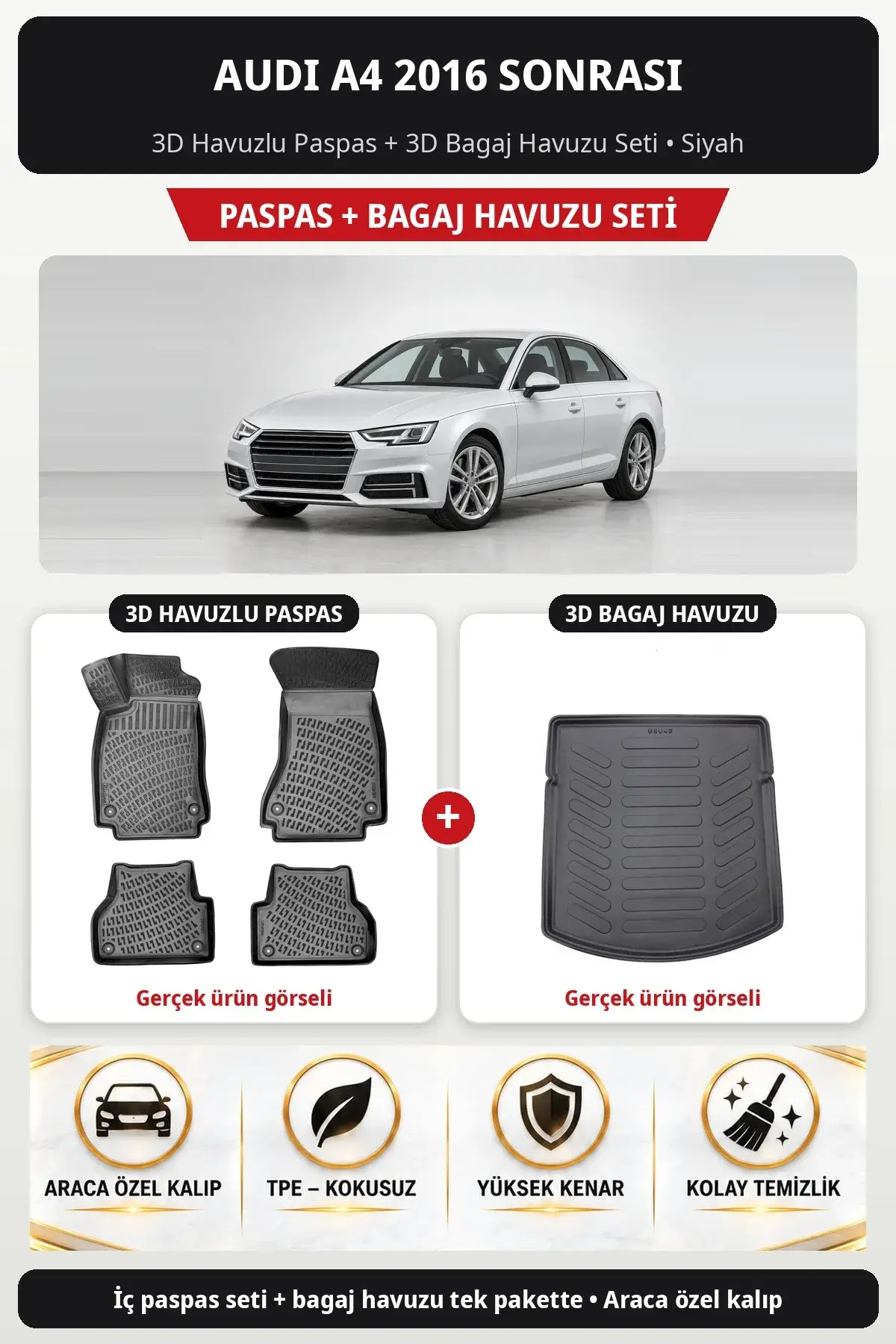Audi A4 2016 Sonrası 3D Havuzlu Paspas + 3D Bagaj Havuzu Seti Siyah (1)