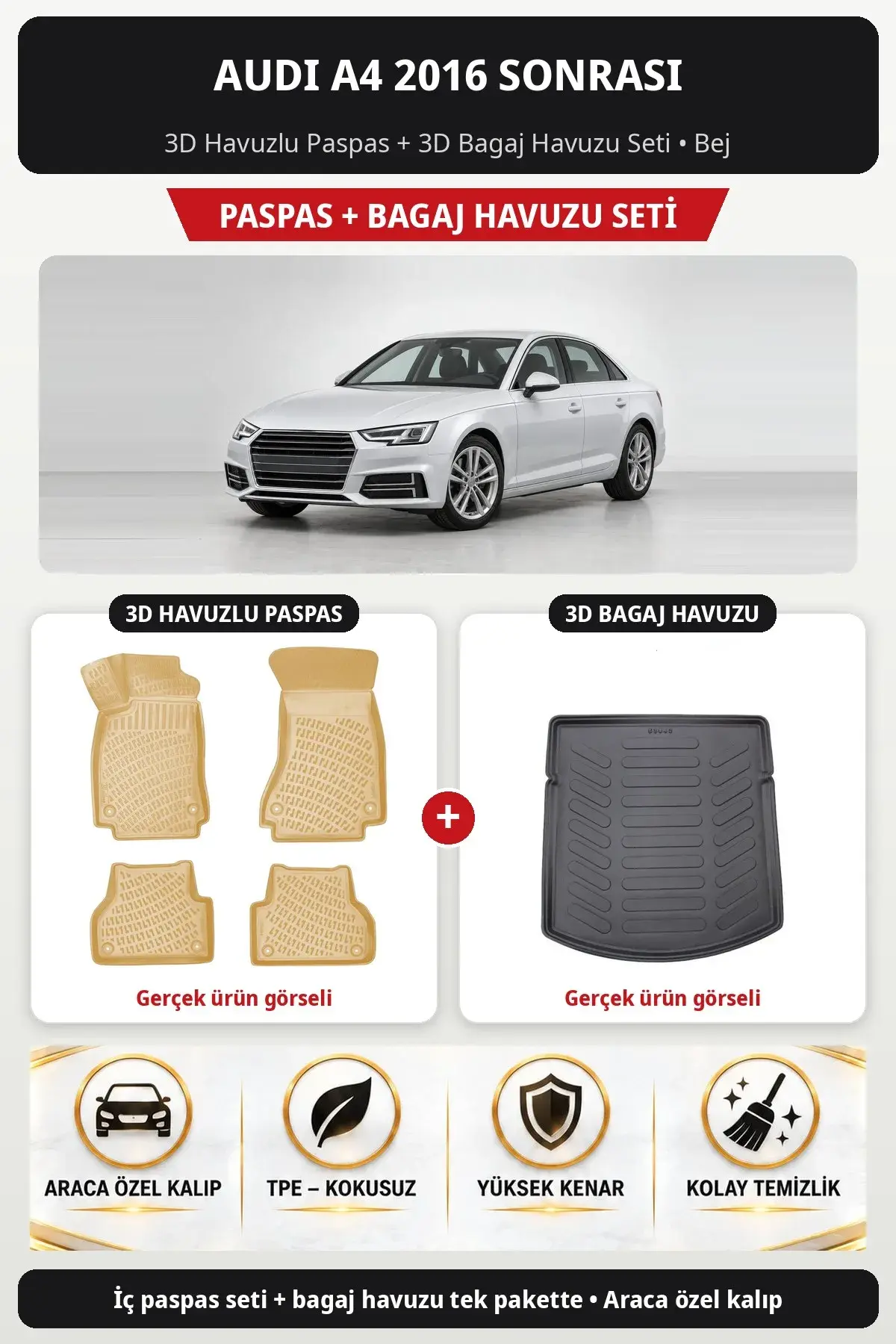 Audi A4 2016 Sonrası 3D Havuzlu Paspas + 3D Bagaj Havuzu Seti Bej (1)