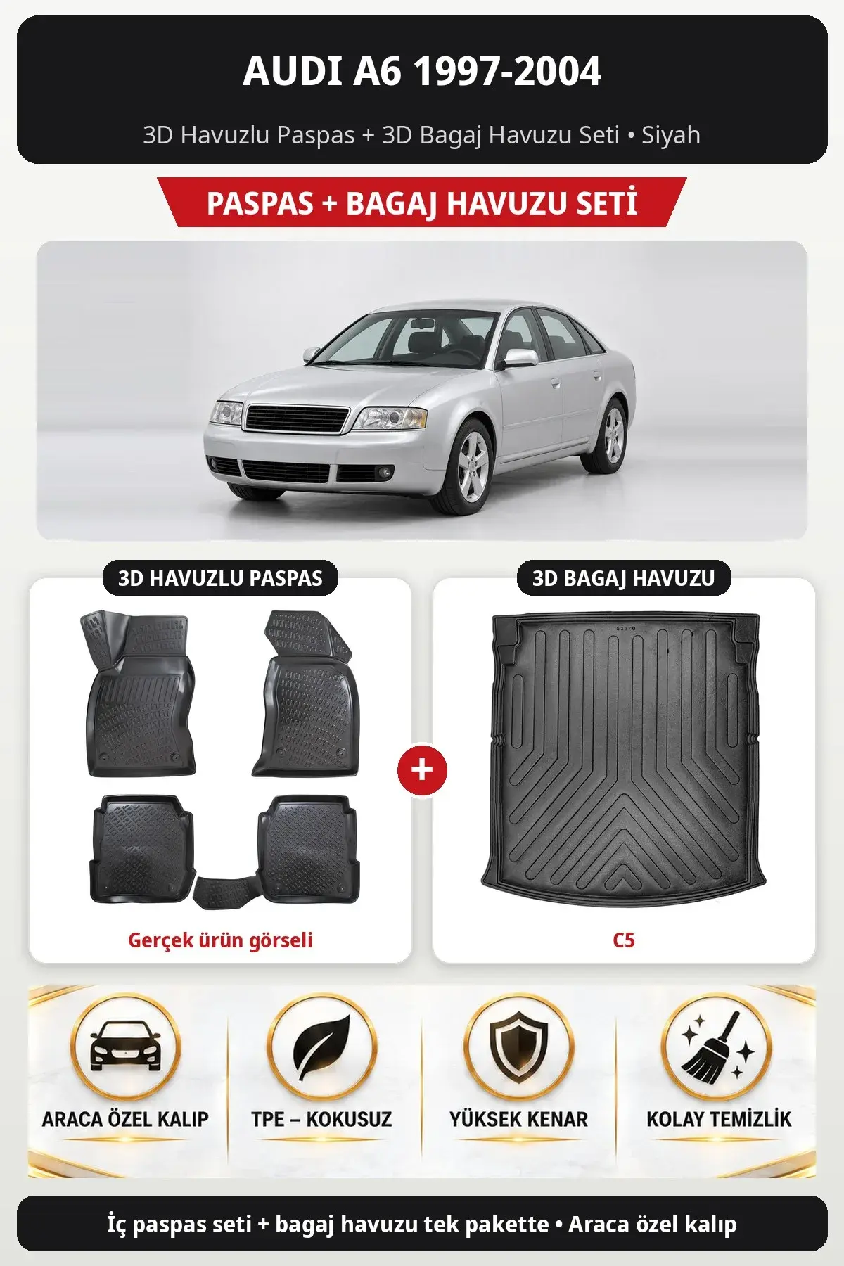 Audi A6 1997-2004 3D Havuzlu Paspas + 3D Bagaj Havuzu Seti (C5) Siyah (1)