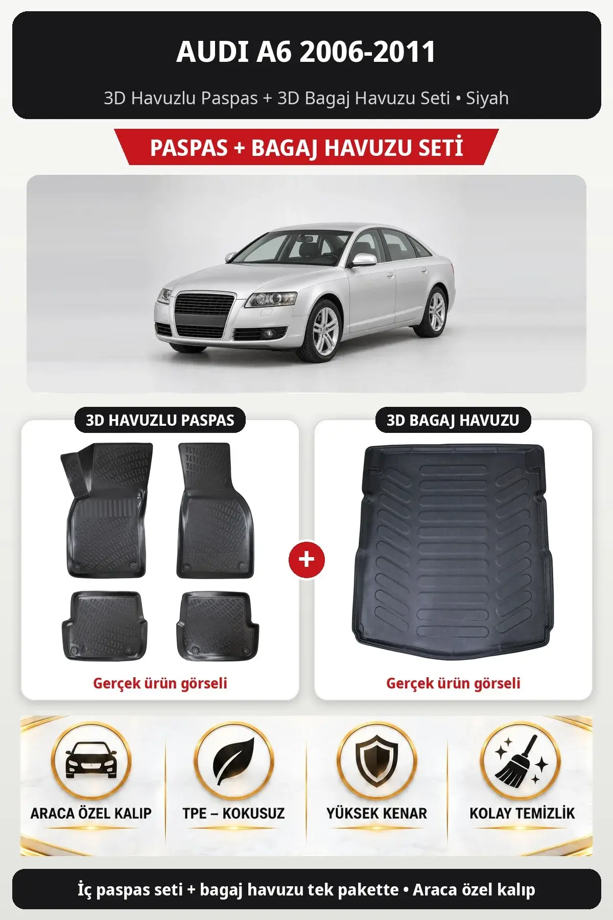 Audi A6 2006-2011 3D Havuzlu Paspas + 3D Bagaj Havuzu Seti Siyah (1)