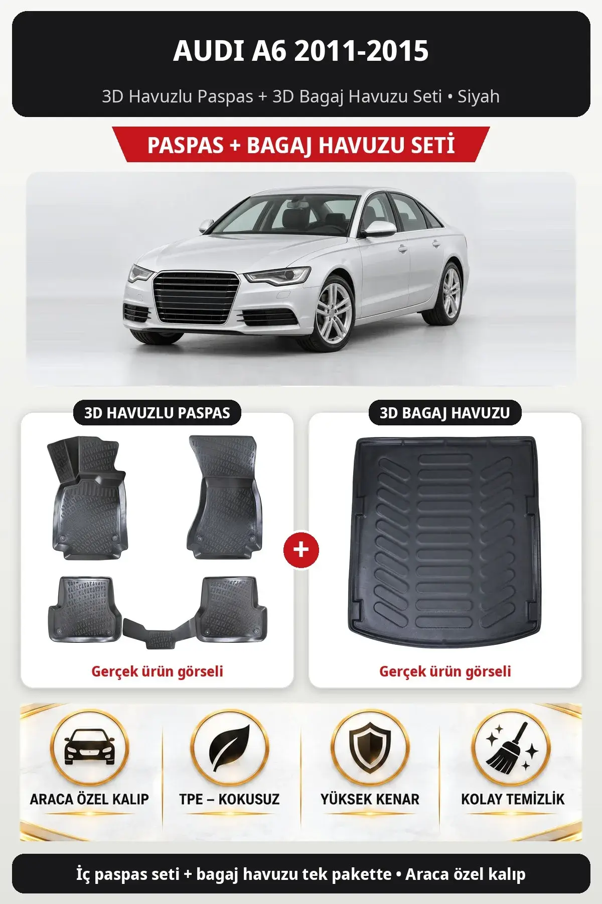 Audi A6 2011-2015 3D Havuzlu Paspas + 3D Bagaj Havuzu Seti Siyah (1)