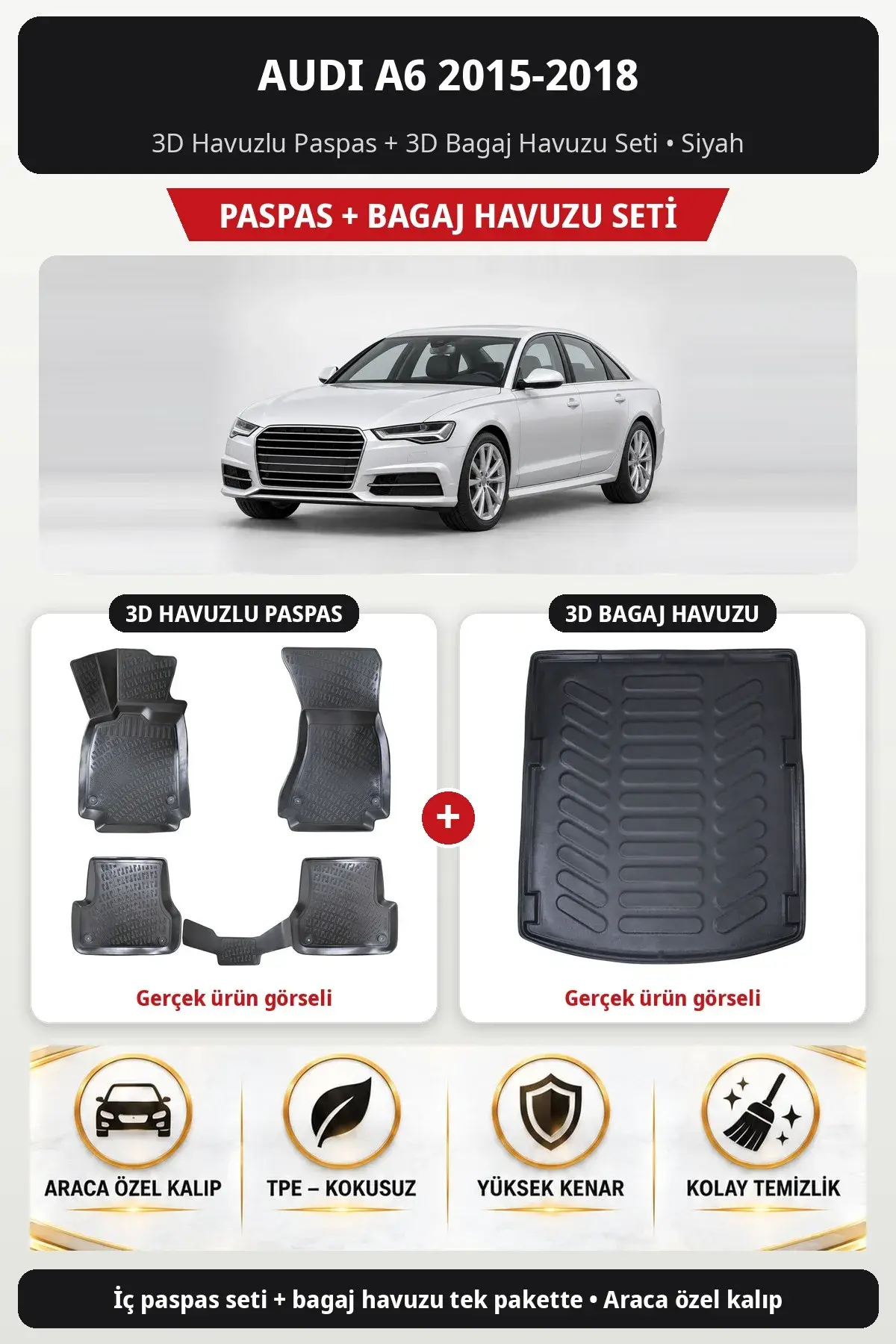 Audi A6 2015-2018 3D Havuzlu Paspas + 3D Bagaj Havuzu Seti Siyah (1)