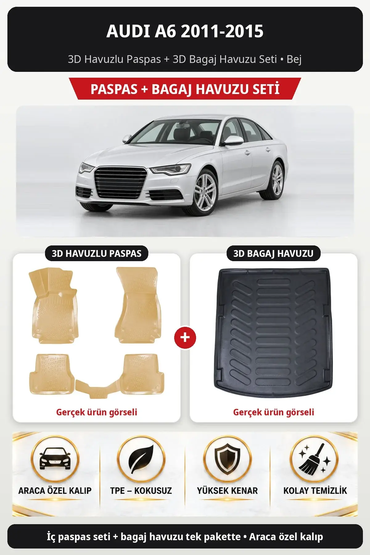 Audi A6 2011-2015 3D Havuzlu Paspas + 3D Bagaj Havuzu Seti Bej (1)
