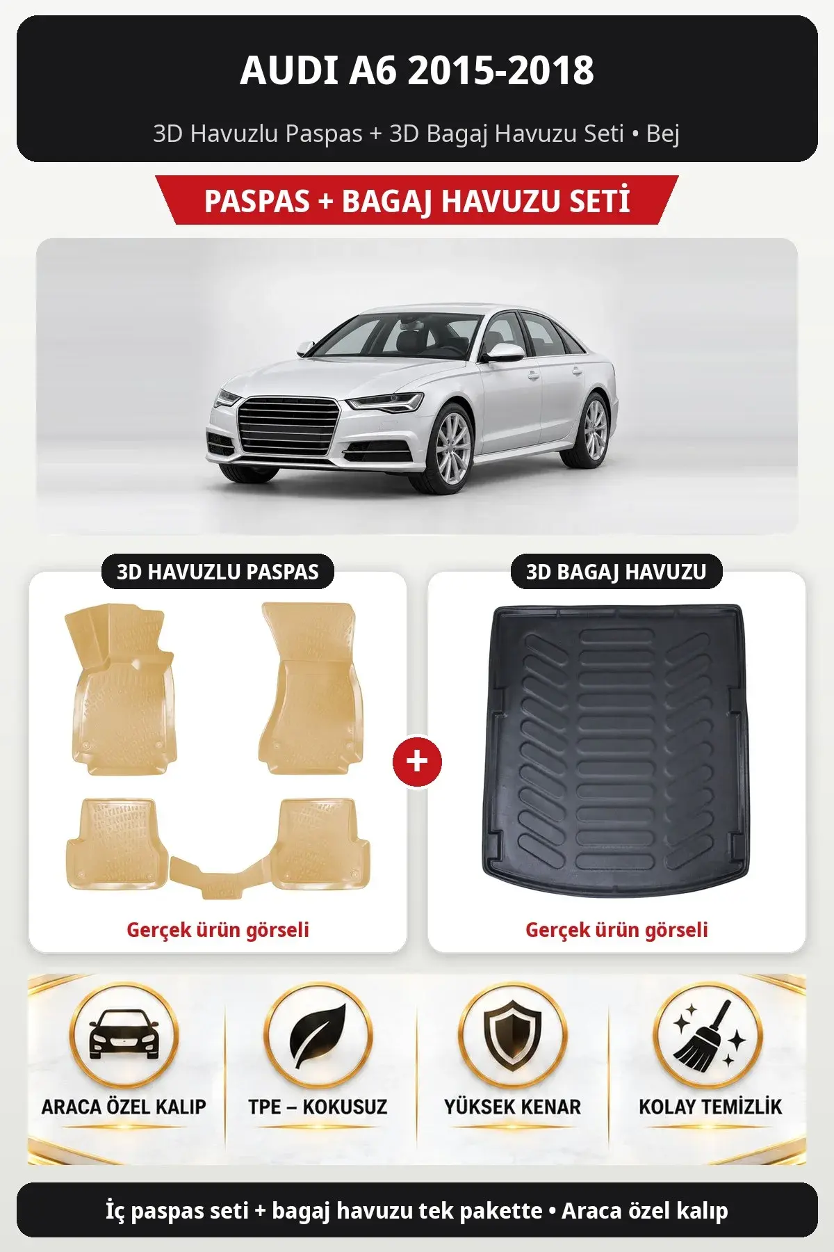 Audi A6 2015-2018 3D Havuzlu Paspas + 3D Bagaj Havuzu Seti Bej (1)