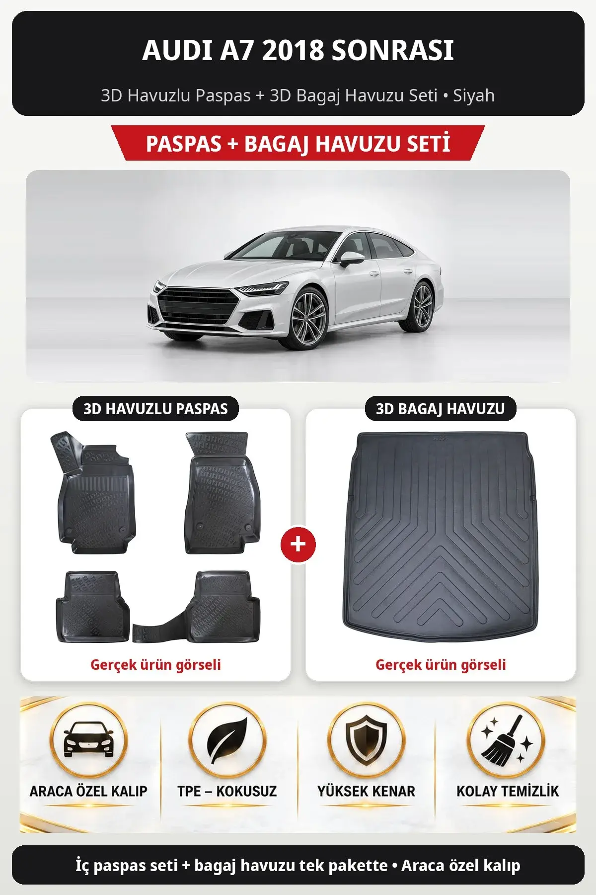 Audi A7 2018 Sonrası 3D Havuzlu Paspas + 3D Bagaj Havuzu Seti Siyah (1)
