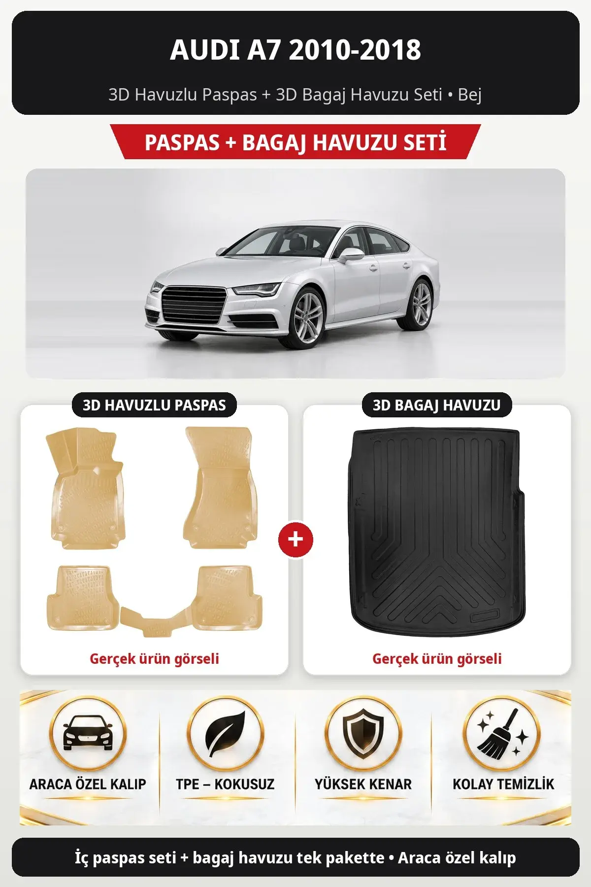 Audi A7 2010-2018 3D Havuzlu Paspas + 3D Bagaj Havuzu Seti Bej (1)