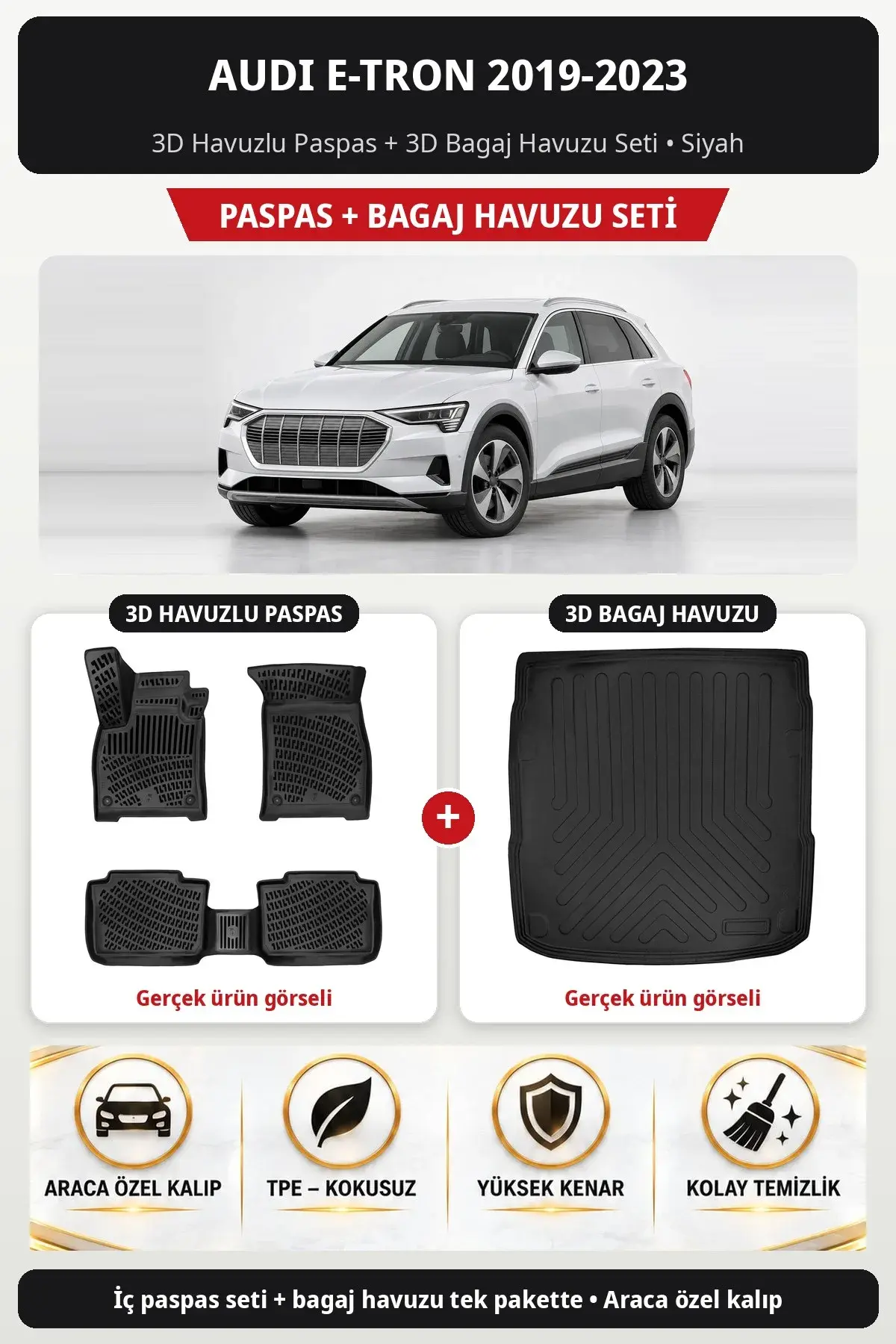 Audi E-Tron 2019-2023 3D Havuzlu Paspas + 3D Bagaj Havuzu Seti Siyah (1)