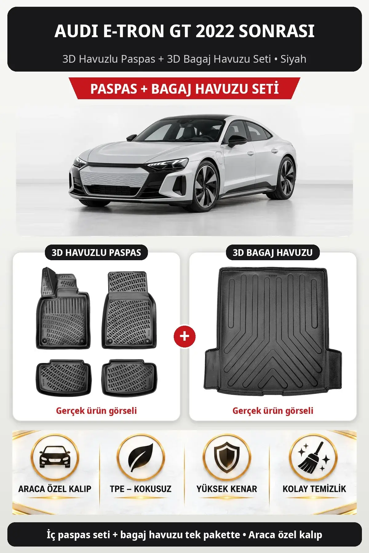 Audi E-Tron GT 2022 Sonrası 3D Havuzlu Paspas + 3D Bagaj Havuzu Seti Siyah (1)