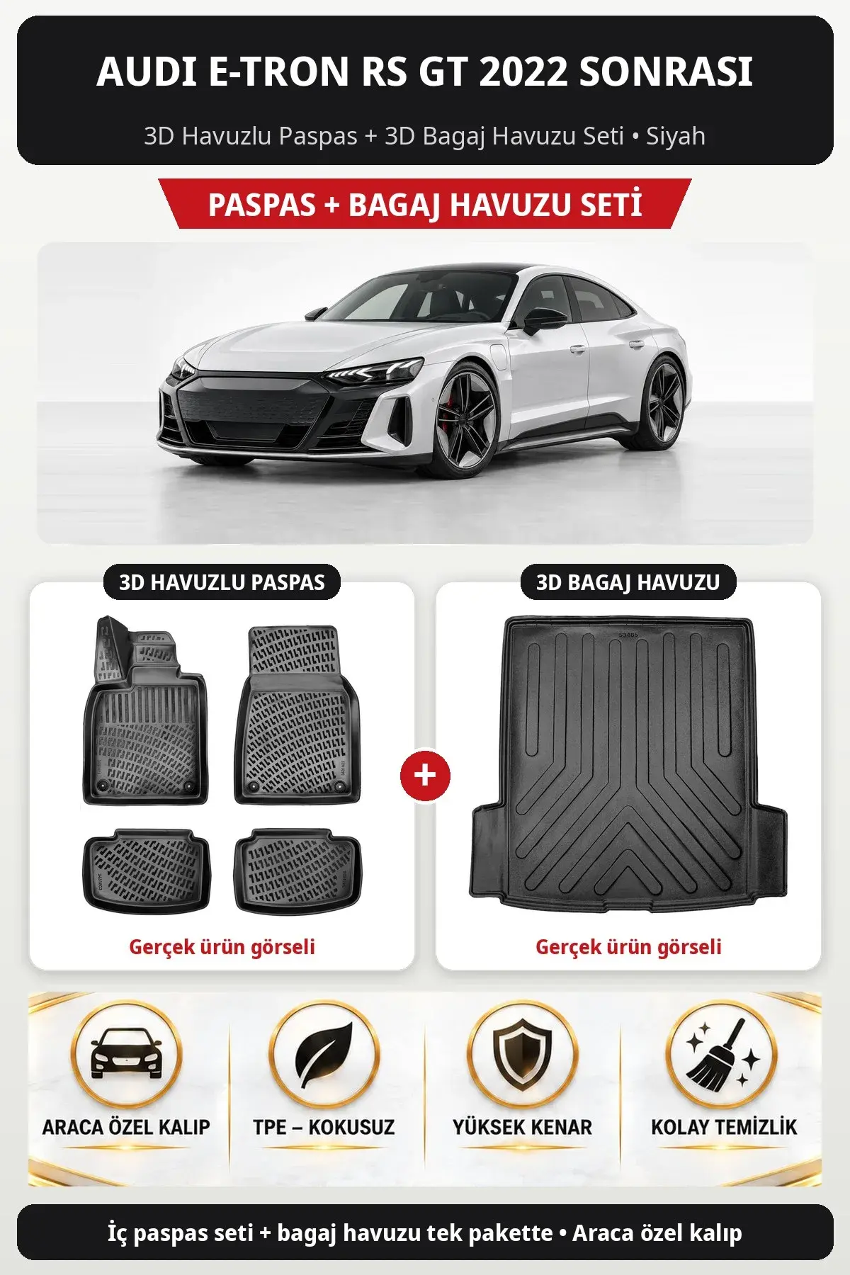 Audi E-Tron RS GT 2022 Sonrası 3D Havuzlu Paspas + 3D Bagaj Havuzu Seti Siyah (1)