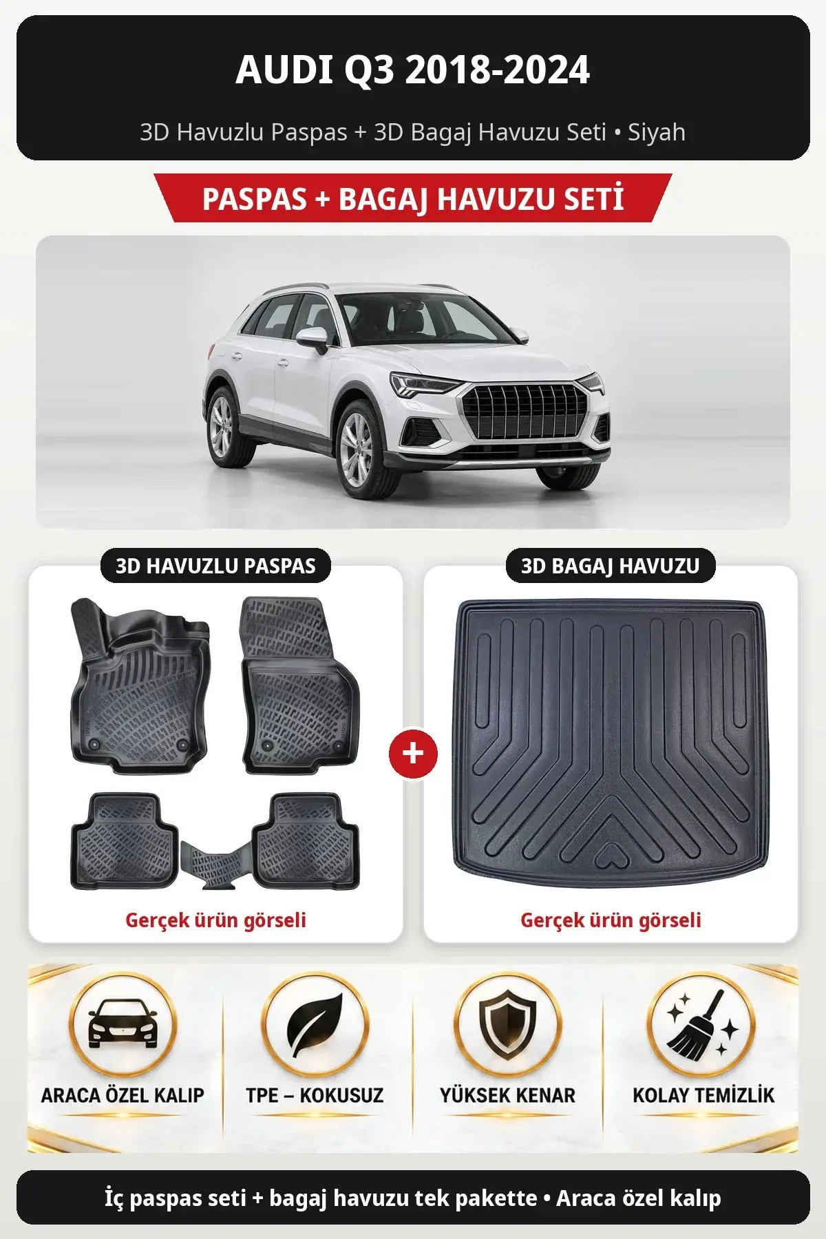 Audi Q3 2018-2024 3D Havuzlu Paspas + 3D Bagaj Havuzu Seti Siyah (1)