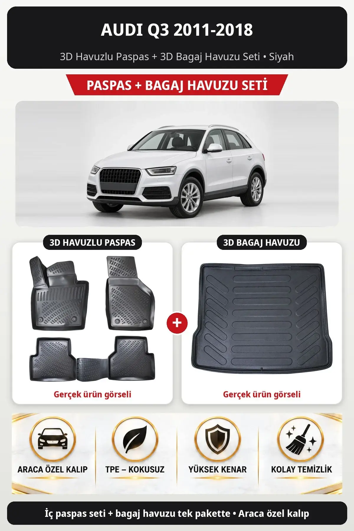 Audi Q3 2011-2018 3D Havuzlu Paspas + 3D Bagaj Havuzu Seti Siyah (1)