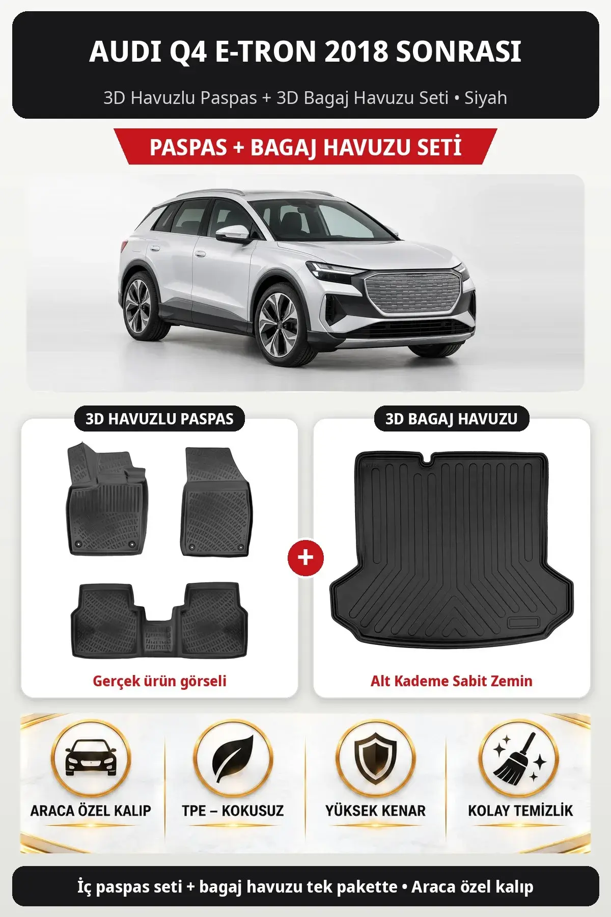 Audi Q4 E-Tron 2018 Sonrası 3D Havuzlu Paspas + 3D Bagaj Havuzu Seti (Alt Kademe Sabit Zemin) Siyah (1)