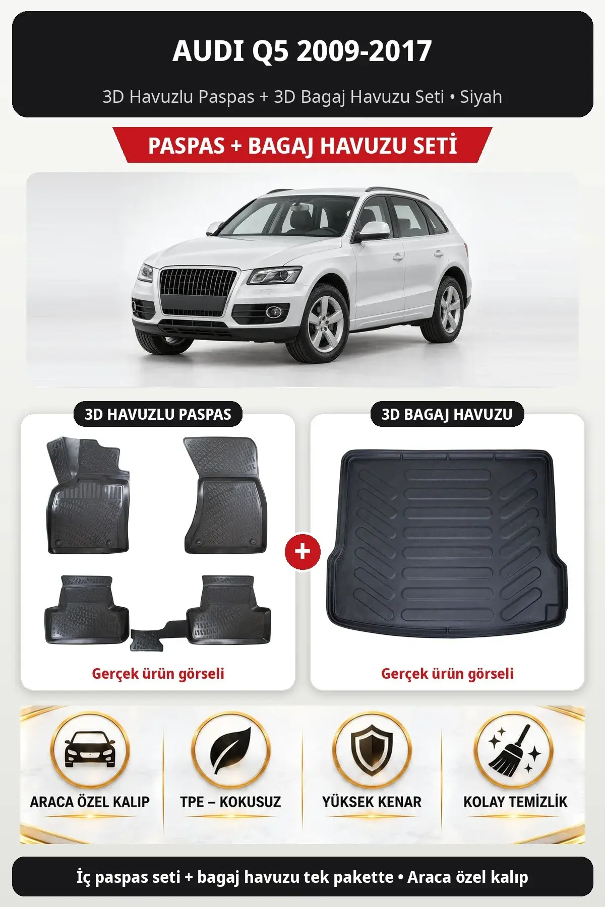Audi Q5 2009-2017 3D Havuzlu Paspas + 3D Bagaj Havuzu Seti Siyah (1)