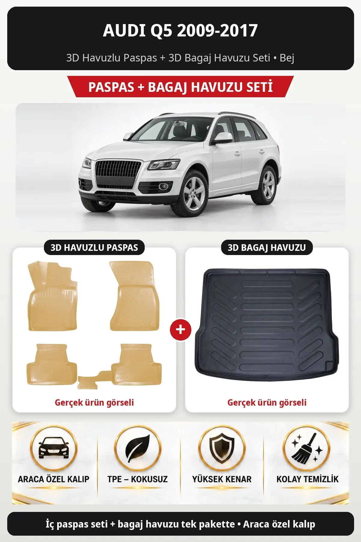 Audi Q5 2009-2017 3D Havuzlu Paspas + 3D Bagaj Havuzu Seti Bej (1)