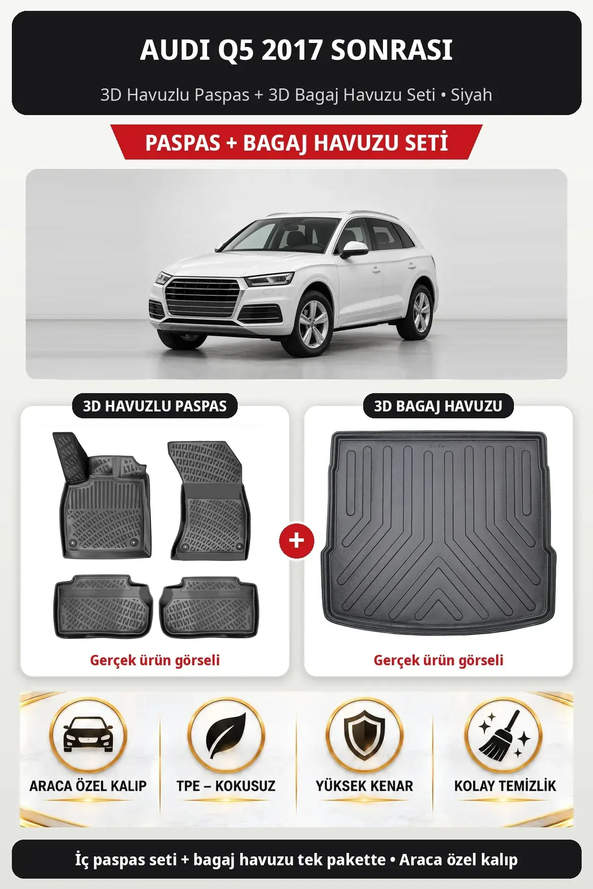Audi Q5 2017 Sonrası 3D Havuzlu Paspas + 3D Bagaj Havuzu Seti Siyah (1)