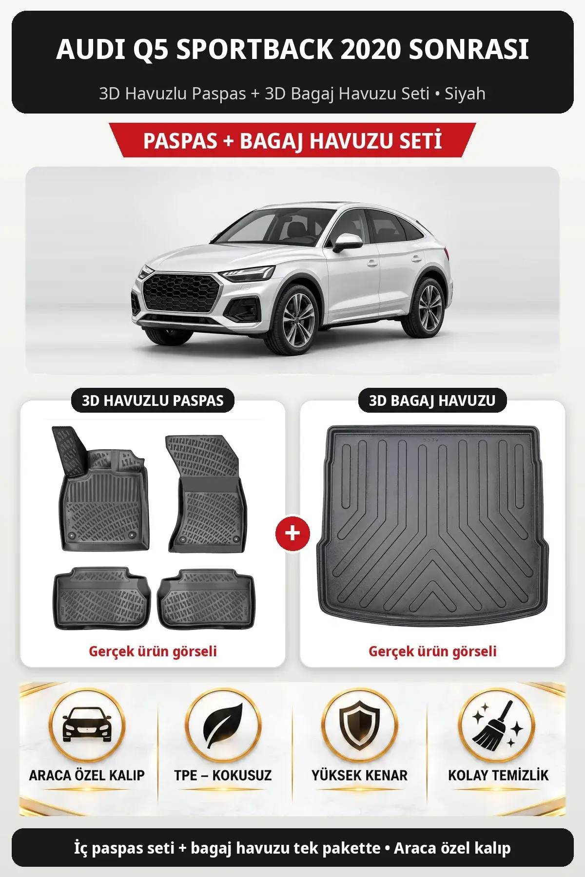 Audi Q5 Sportback 2020 Sonrası 3D Havuzlu Paspas + 3D Bagaj Havuzu Seti Siyah (1)
