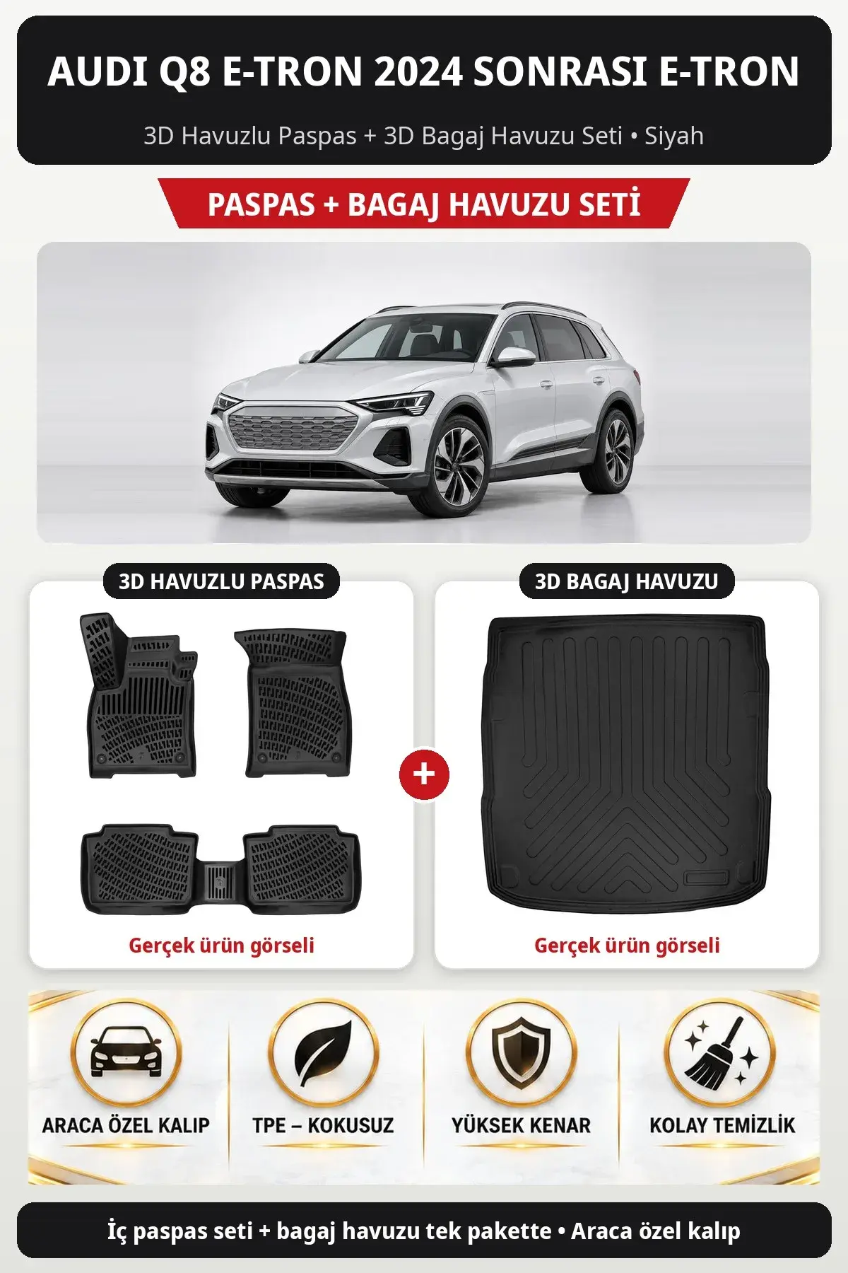 Audi Q8 E-Tron 2024 Sonrası E-TRON 3D Havuzlu Paspas + 3D Bagaj Havuzu Seti Siyah (1)