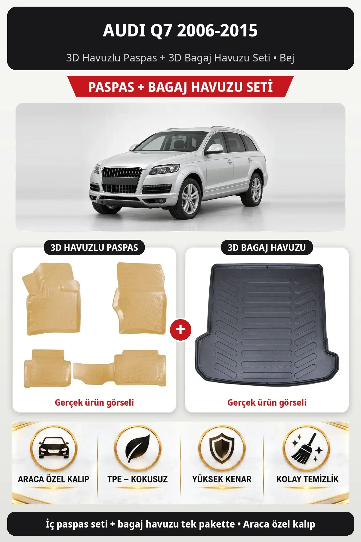 Audi Q7 2006-2015 3D Havuzlu Paspas + 3D Bagaj Havuzu Seti Bej (1)