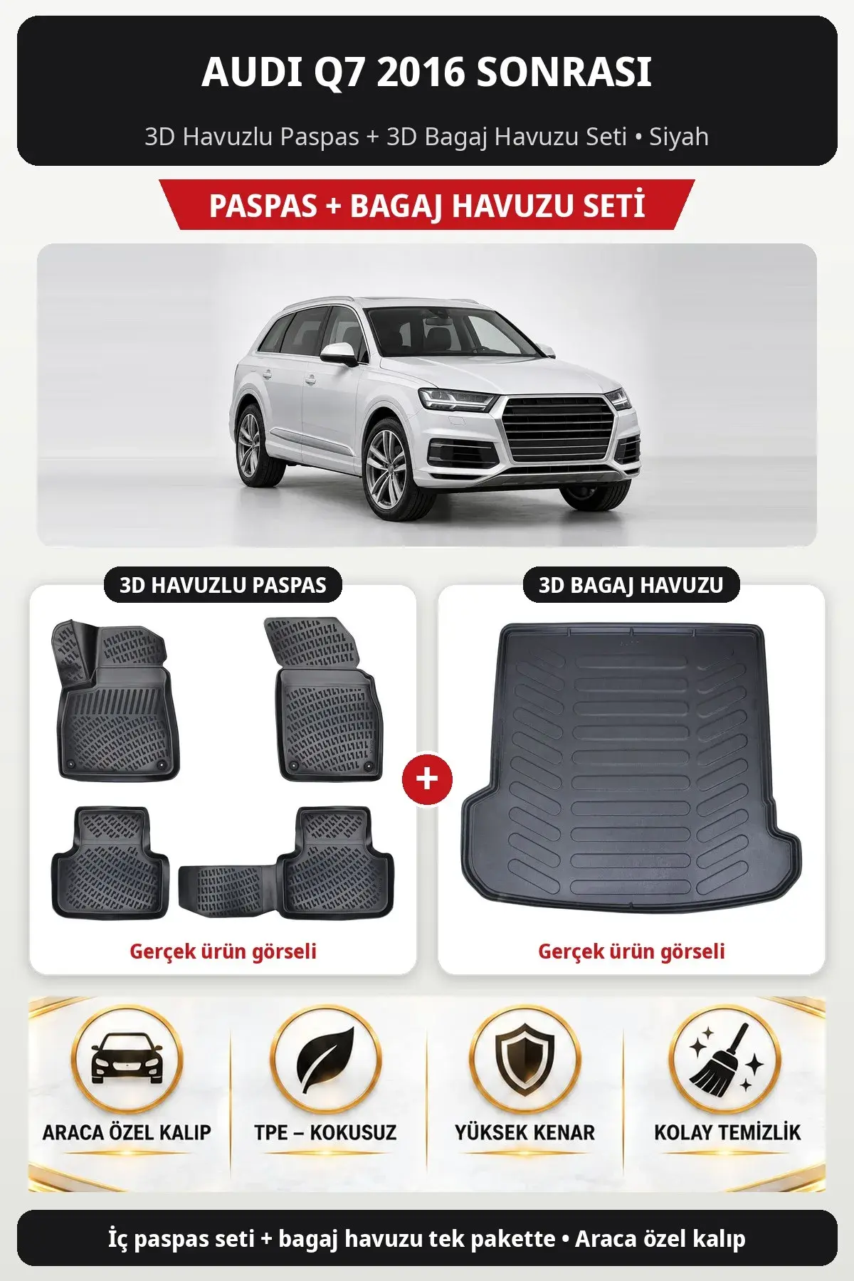 Audi Q7 2016 Sonrası 3D Havuzlu Paspas + 3D Bagaj Havuzu Seti Siyah (1)
