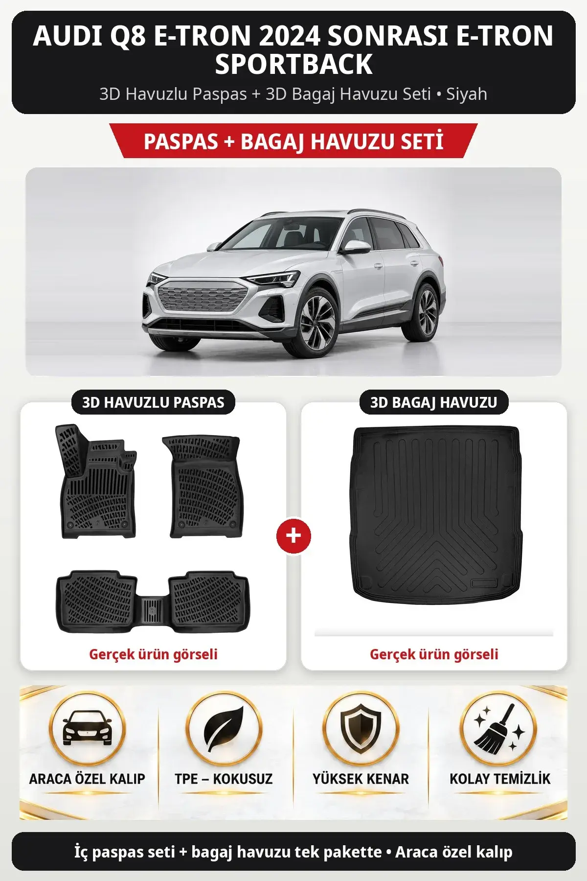 Audi Q8 E-Tron 2024 Sonrası E-TRON Sportback 3D Havuzlu Paspas + 3D Bagaj Havuzu Seti Siyah (1)
