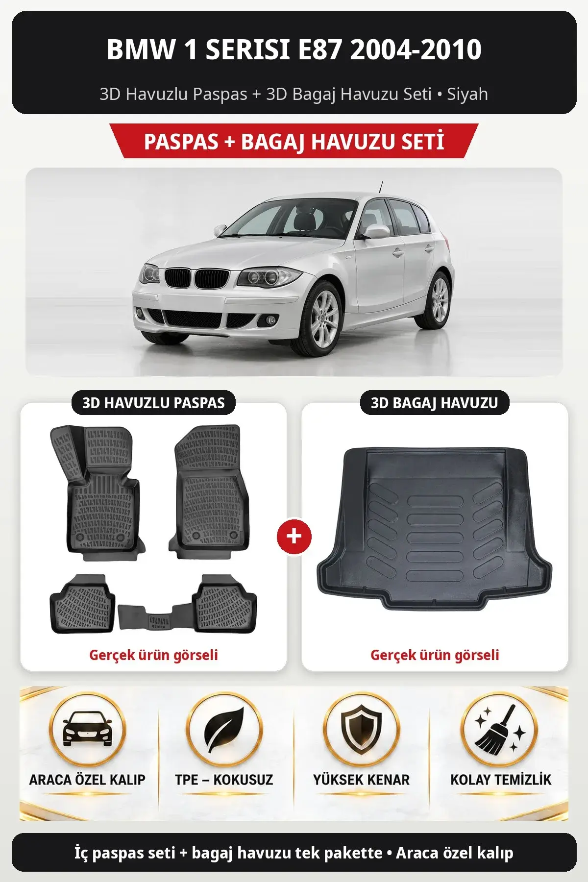 BMW 1 Serisi E87 2004-2010 3D Havuzlu Paspas + 3D Bagaj Havuzu Seti Siyah (1)