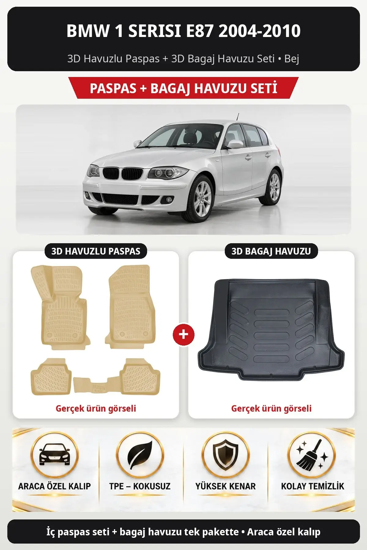 BMW 1 Serisi E87 2004-2010 3D Havuzlu Paspas + 3D Bagaj Havuzu Seti Bej (1)