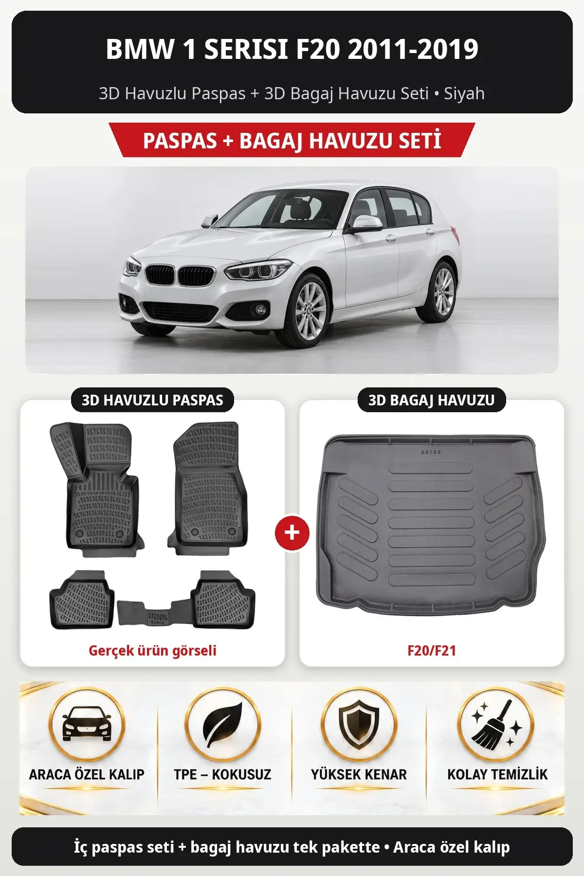 BMW 1 Serisi F20 2011-2019 3D Havuzlu Paspas + 3D Bagaj Havuzu Seti (F20/F21) Siyah (1)