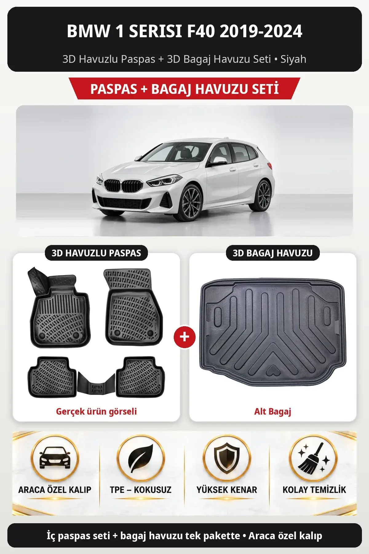 BMW 1 Serisi F40 2019-2024 3D Havuzlu Paspas + 3D Bagaj Havuzu Seti (Alt Bagaj) Siyah (1)