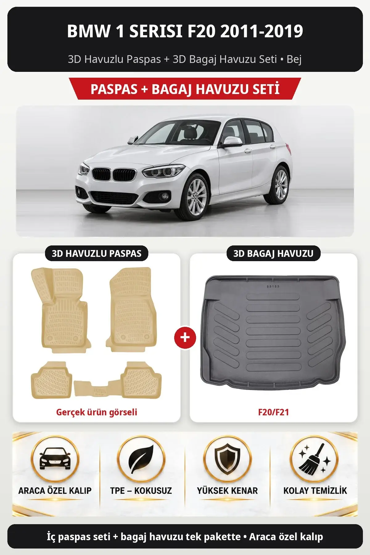 BMW 1 Serisi F20 2011-2019 3D Havuzlu Paspas + 3D Bagaj Havuzu Seti (F20/F21) Bej (1)