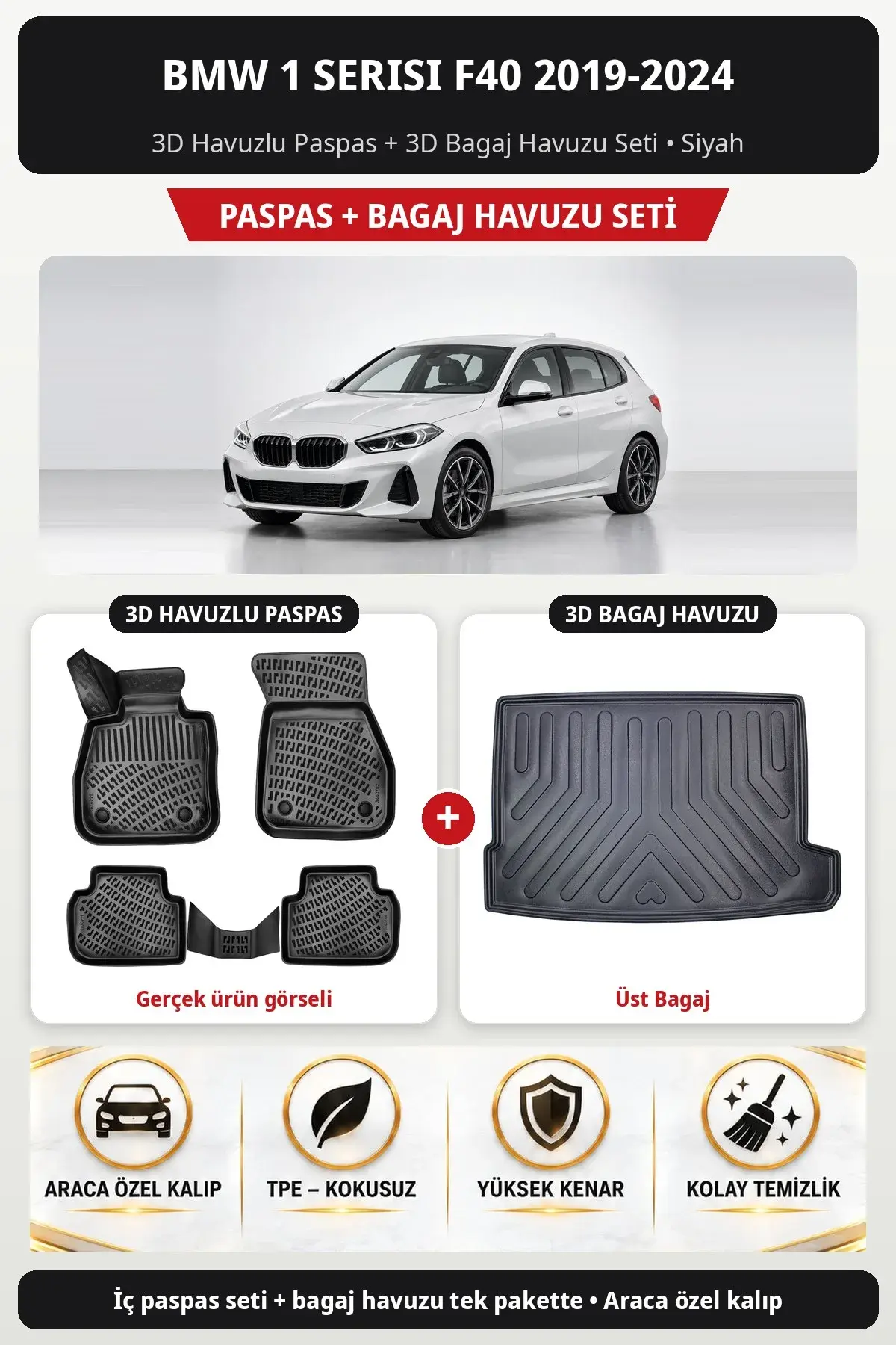 BMW 1 Serisi F40 2019-2024 3D Havuzlu Paspas + 3D Bagaj Havuzu Seti (Üst Bagaj) Siyah (1)