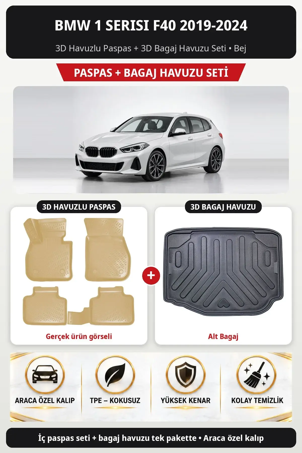 BMW 1 Serisi F40 2019-2024 3D Havuzlu Paspas + 3D Bagaj Havuzu Seti (Alt Bagaj) Bej (1)