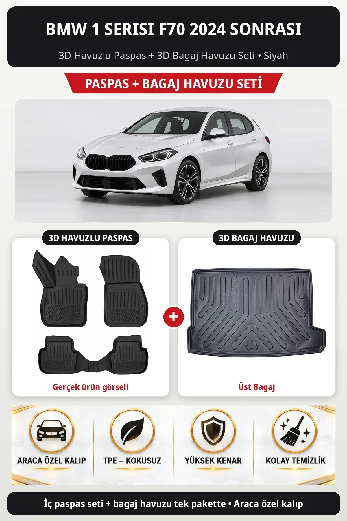 BMW 1 Serisi F70 2024 Sonrası 3D Havuzlu Paspas + 3D Bagaj Havuzu Seti (Üst Bagaj) Siyah (1)