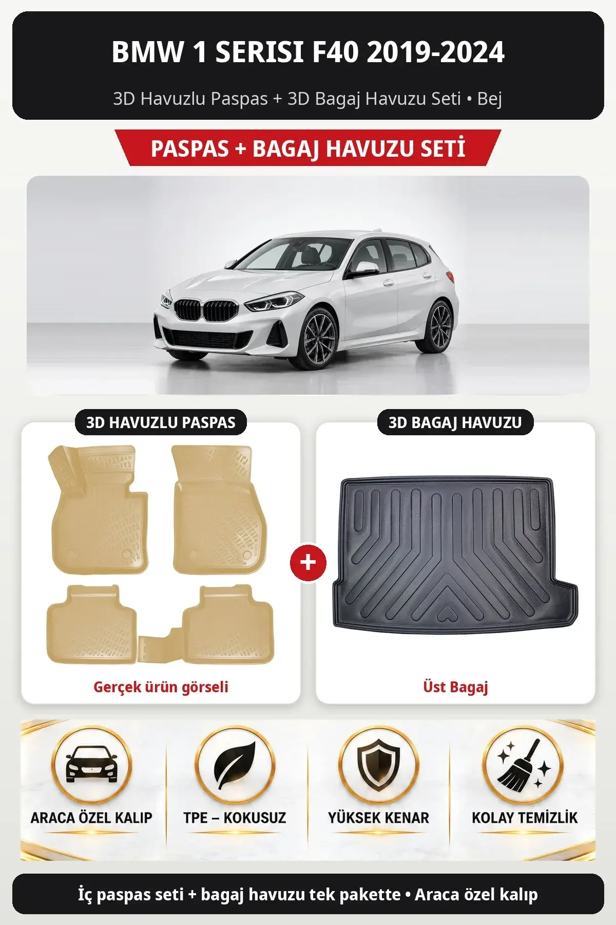 BMW 1 Serisi F40 2019-2024 3D Havuzlu Paspas + 3D Bagaj Havuzu Seti (Üst Bagaj) Bej (1)