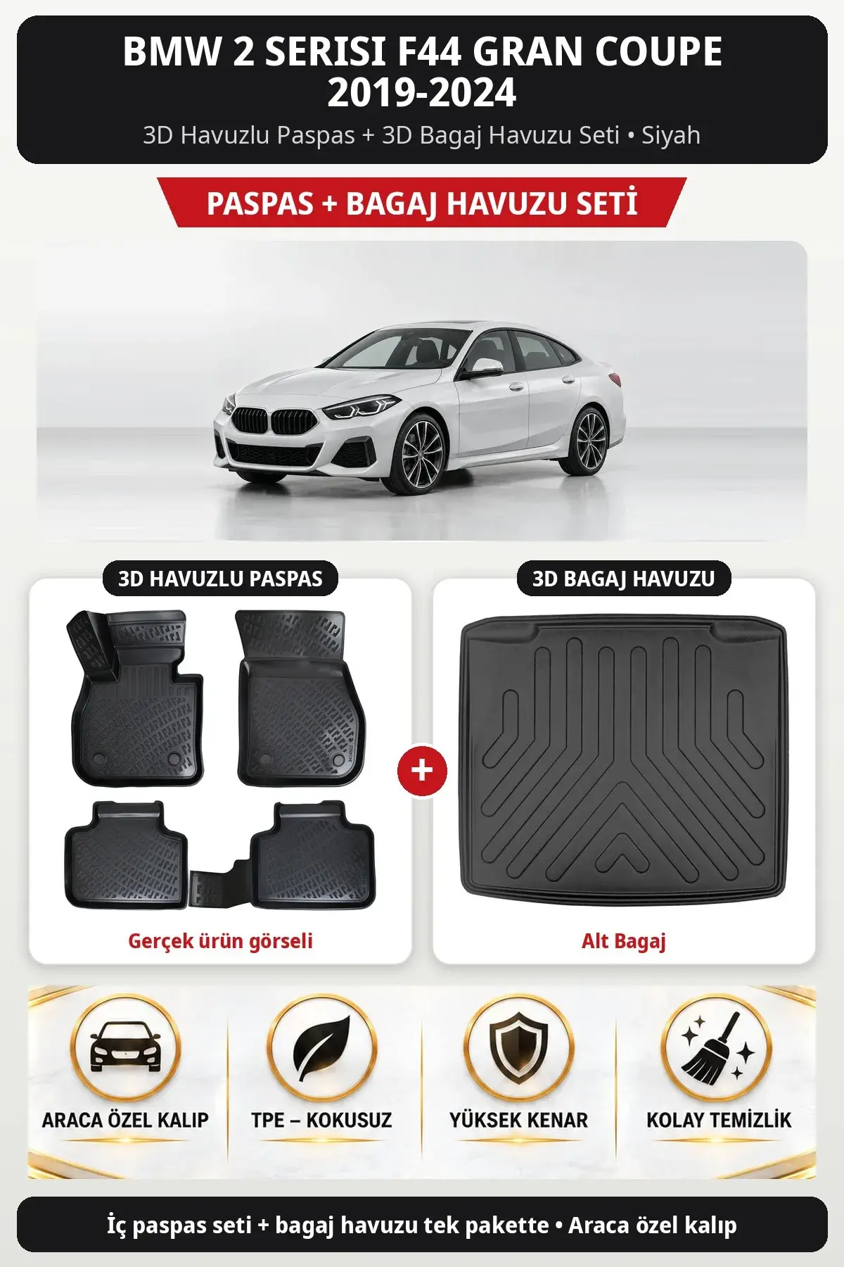 BMW 2 Serisi F44 Gran Coupe 2019-2024 3D Havuzlu Paspas + 3D Bagaj Havuzu Seti (Alt Bagaj) Bej (1)