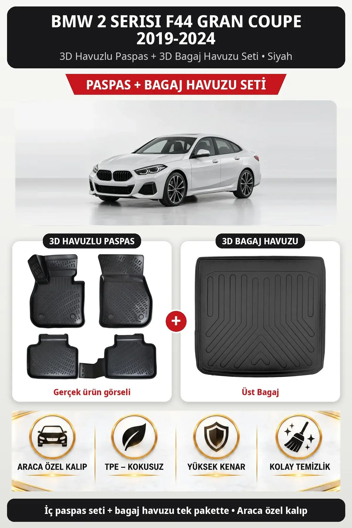 BMW 2 Serisi F44 Gran Coupe 2019-2024 3D Havuzlu Paspas + 3D Bagaj Havuzu Seti (Üst Bagaj) Bej (1)