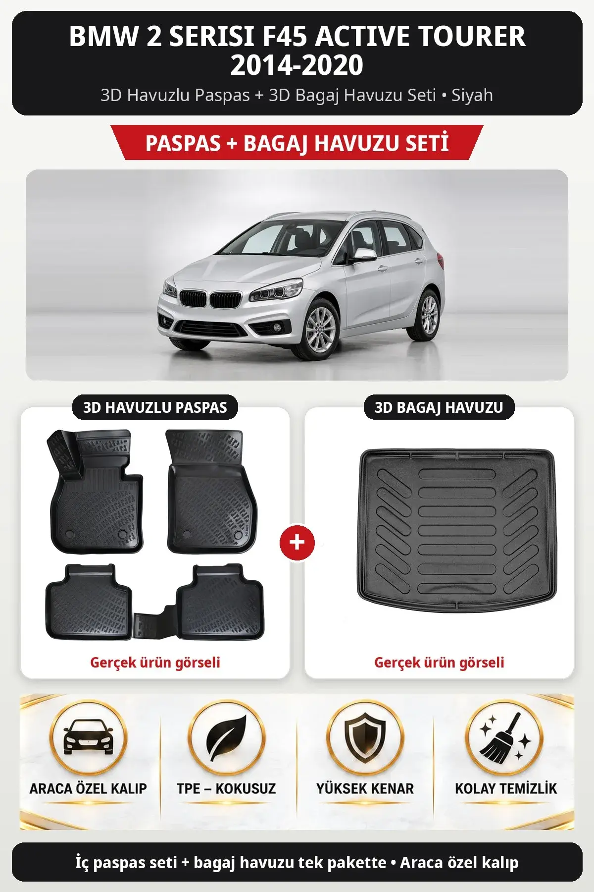 BMW 2 Serisi F45 Active Tourer 2014-2020 3D Havuzlu Paspas + 3D Bagaj Havuzu Seti Siyah (1)