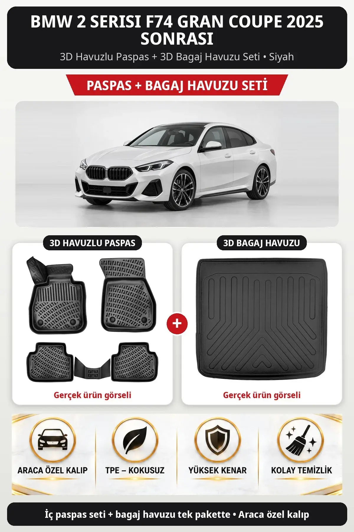BMW 2 Serisi F74 Gran Coupe 2025 Sonrası 3D Havuzlu Paspas + 3D Bagaj Havuzu Seti Siyah (1)